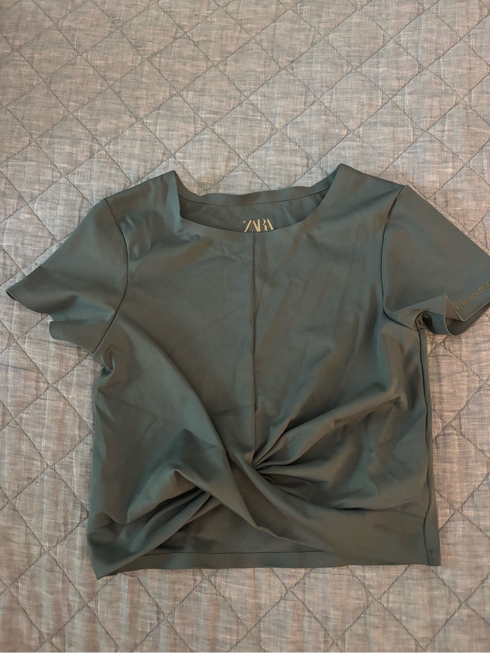 Zara Olive Green Twist-Front Short Sleeve Top